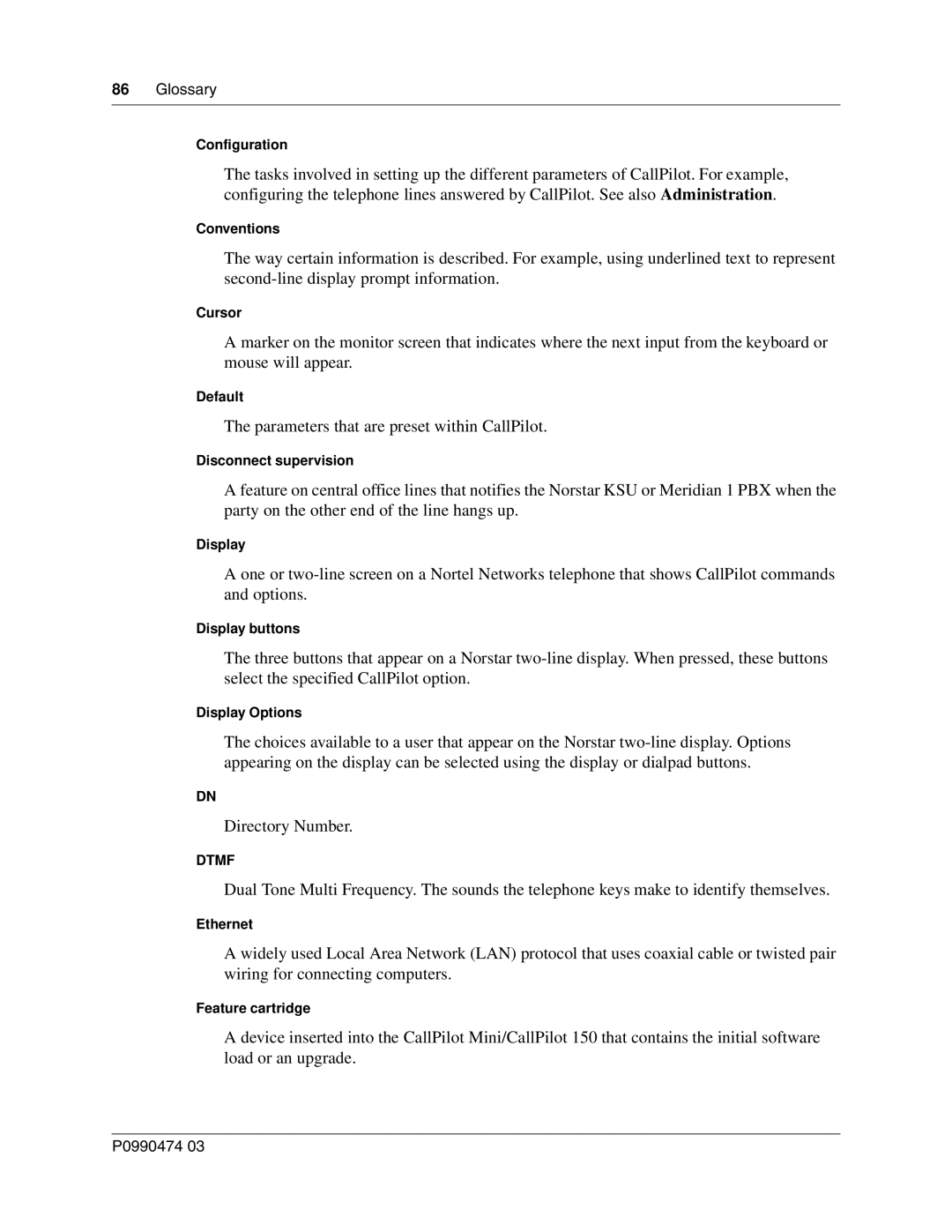 Nortel Networks P0990474 03 manual Glossary 