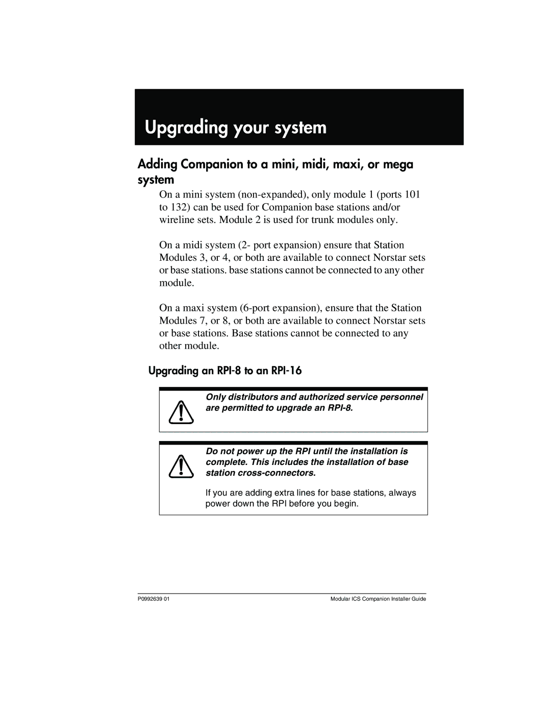 Nortel Networks P0992639 01 manual Upgrading your system, Adding Companion to a mini, midi, maxi, or mega system 