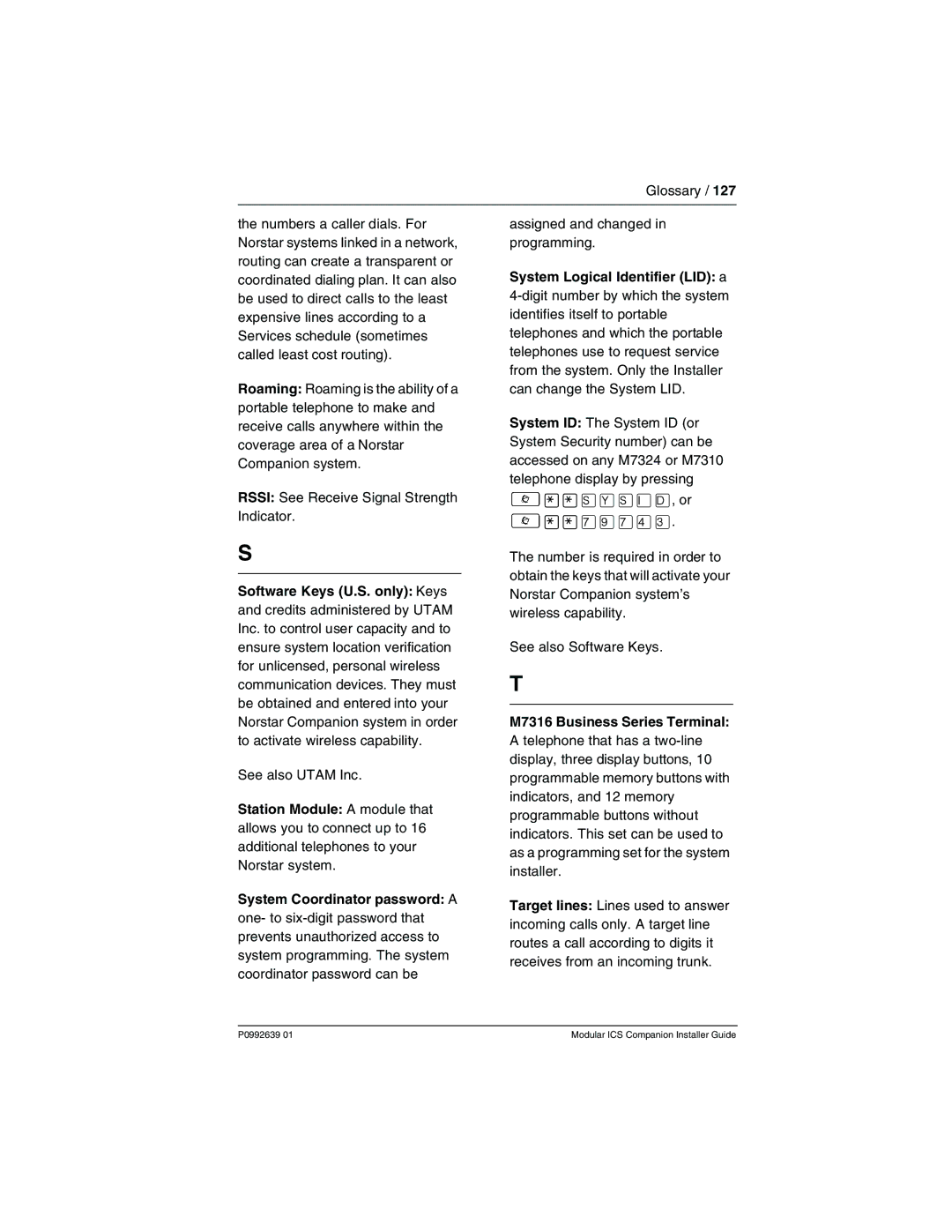 Nortel Networks P0992639 01 manual System Logical Identifier LID a, M7316 Business Series Terminal 