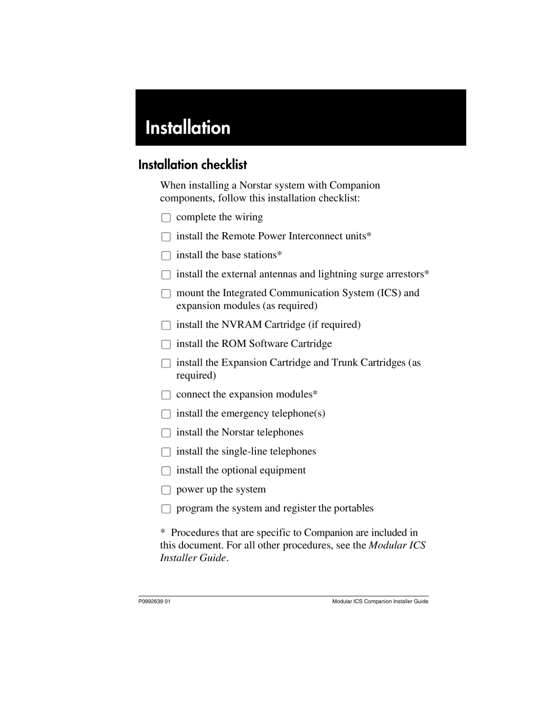 Nortel Networks P0992639 01 manual Installation checklist 