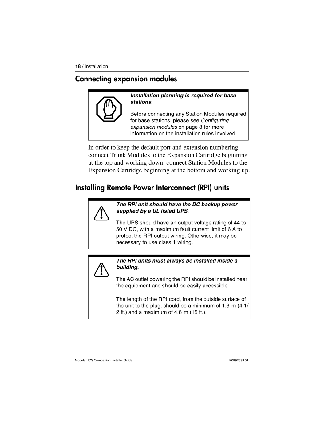 Nortel Networks P0992639 01 manual Connecting expansion modules, Installing Remote Power Interconnect RPI units 