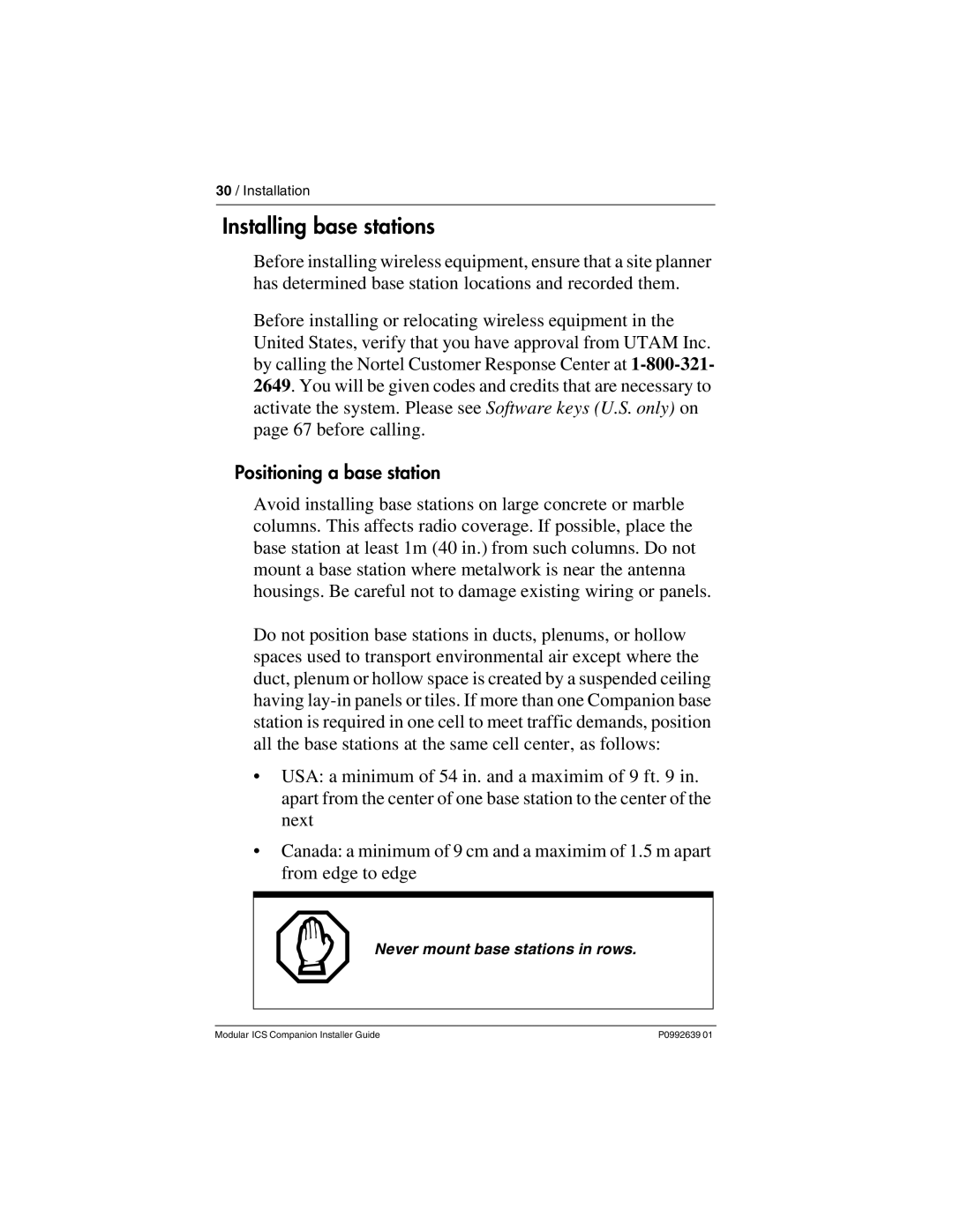 Nortel Networks P0992639 01 manual Installing base stations, Positioning a base station, Never mount base stations in rows 