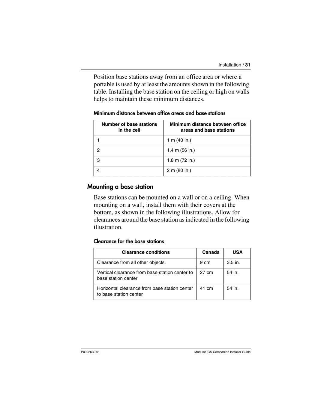 Nortel Networks P0992639 01 manual Mounting a base station, Minimum distance between office areas and base stations 