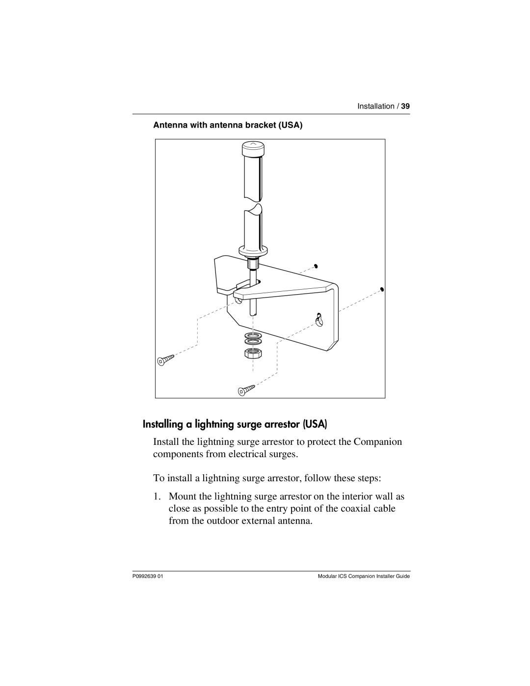 Nortel Networks P0992639 01 manual Installing a lightning surge arrestor USA, Antenna with antenna bracket USA 