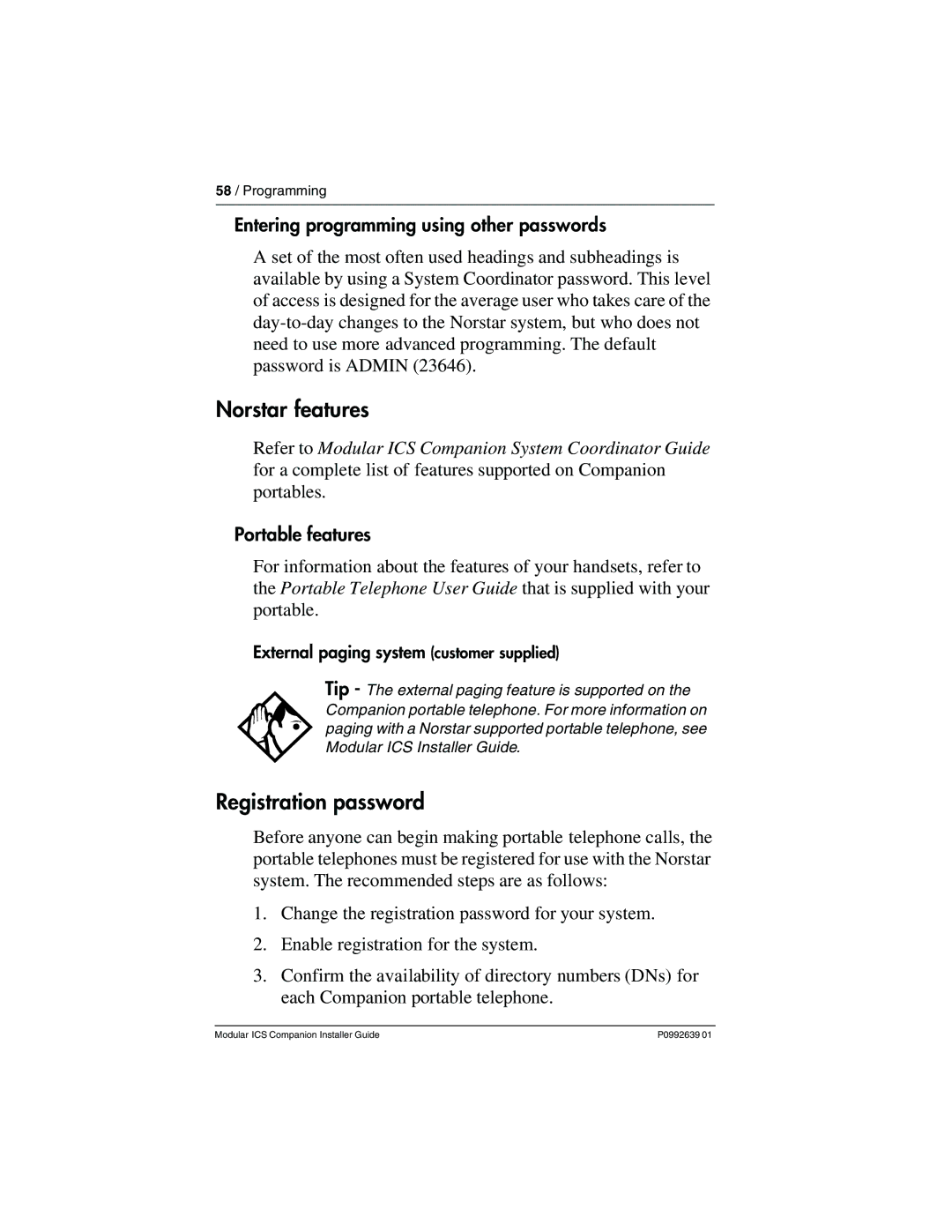 Nortel Networks P0992639 01 manual Norstar features, Registration password, Entering programming using other passwords 