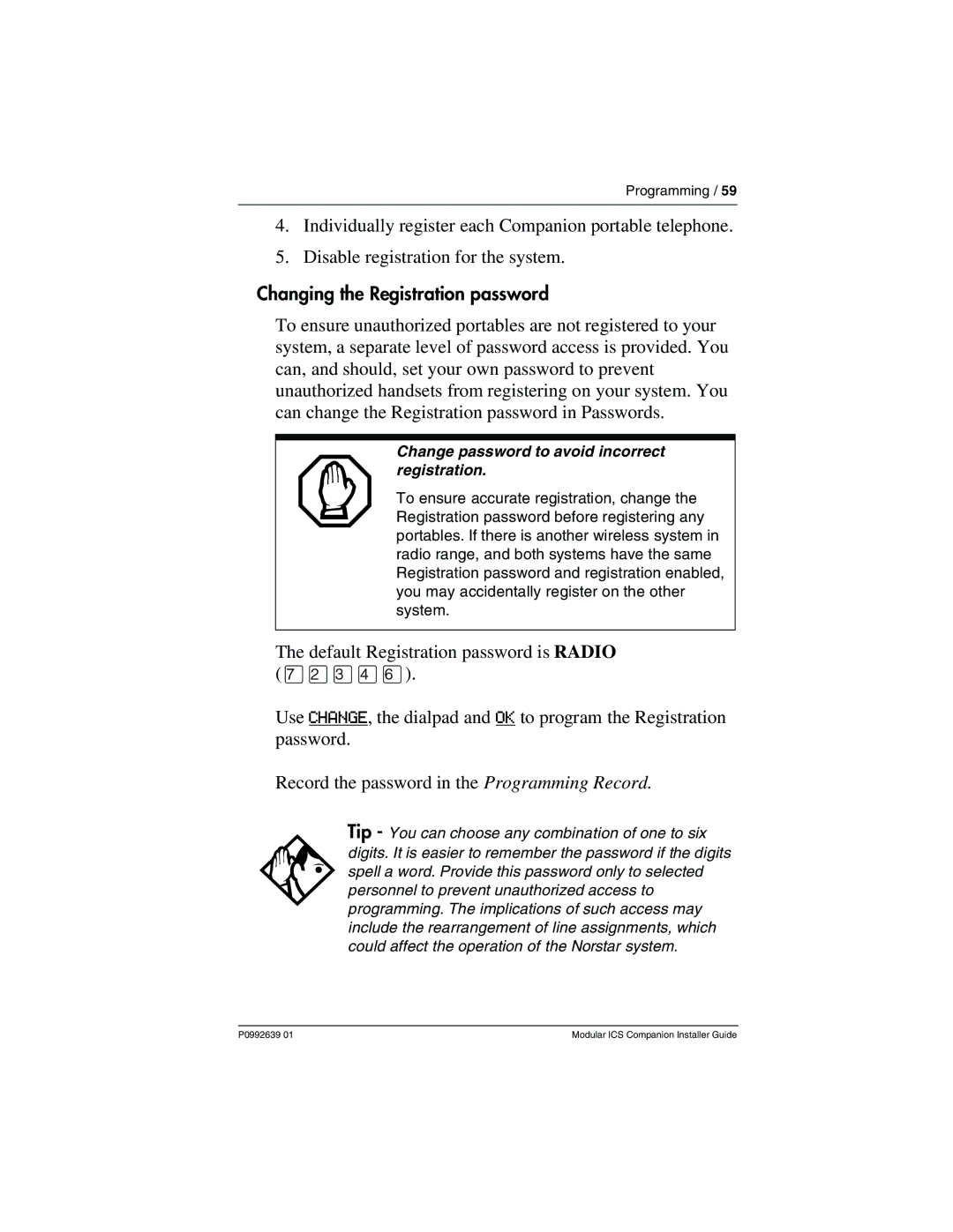 Nortel Networks P0992639 01 manual Changing the Registration password, Change password to avoid incorrect registration 