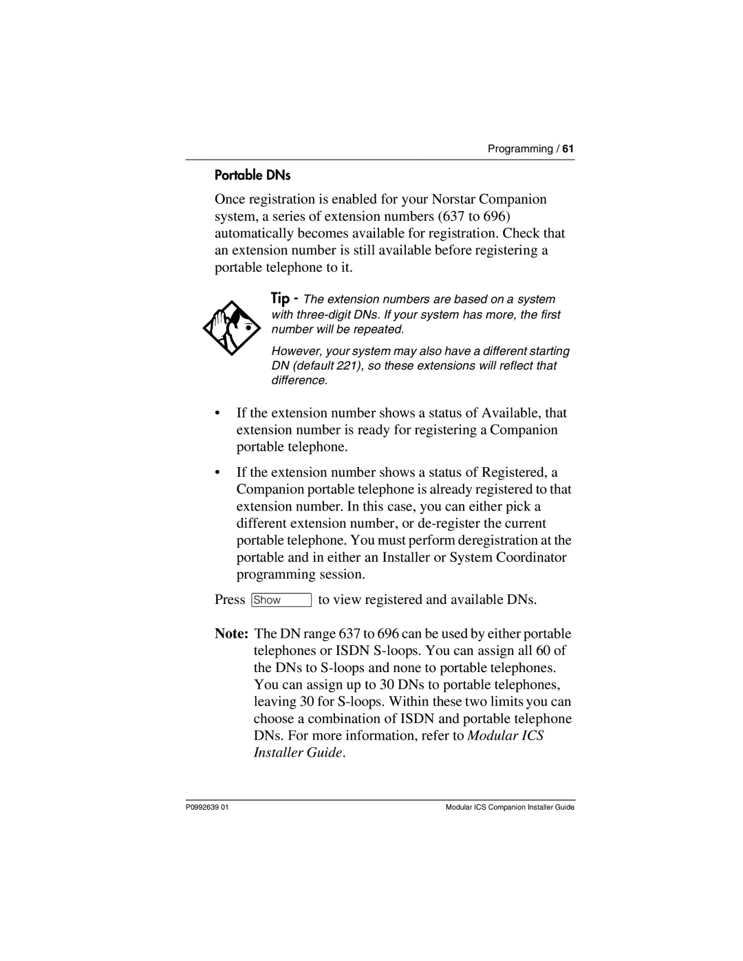 Nortel Networks P0992639 01 manual Portable DNs 