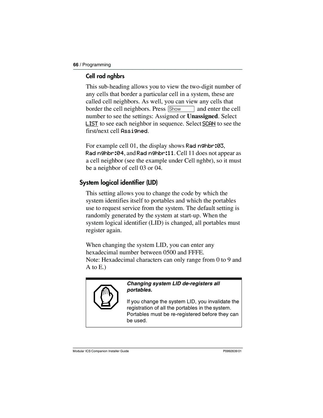 Nortel Networks P0992639 01 manual System logical identifier LID, Changing system LID de-registers all portables 