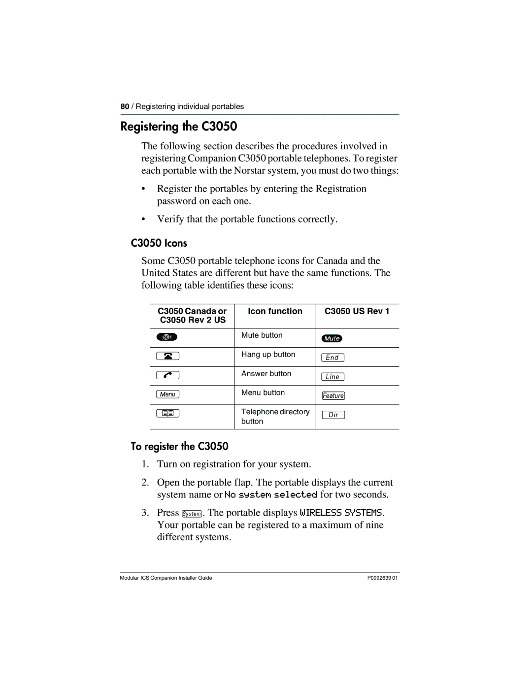 Nortel Networks P0992639 01 manual Registering the C3050, C3050 Icons, To register the C3050 