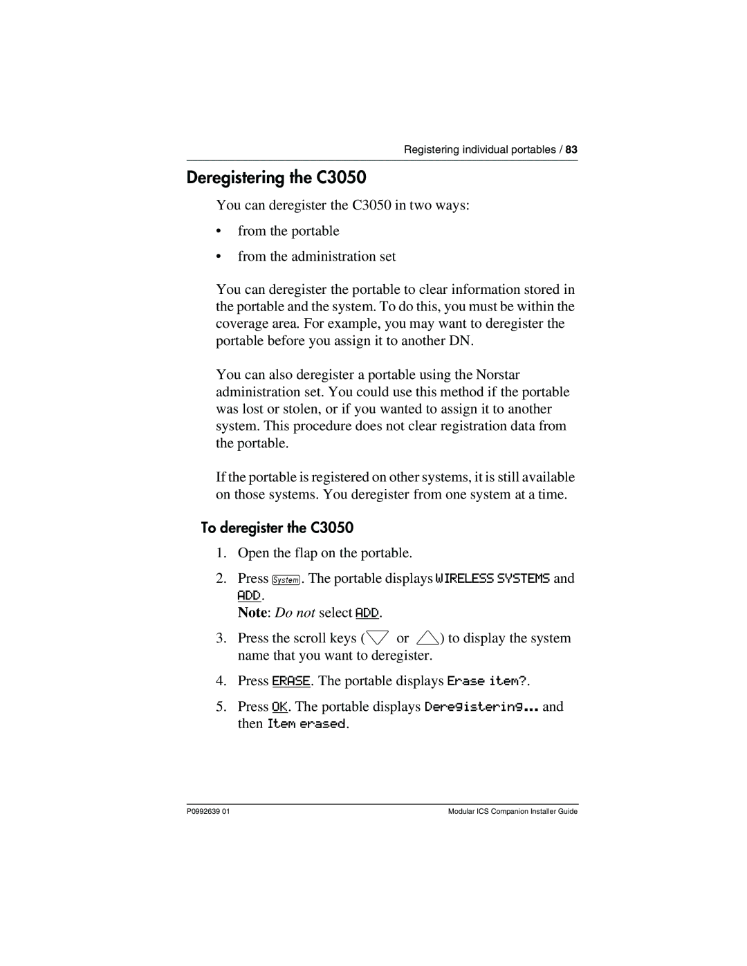 Nortel Networks P0992639 01 manual Deregistering the C3050, To deregister the C3050 