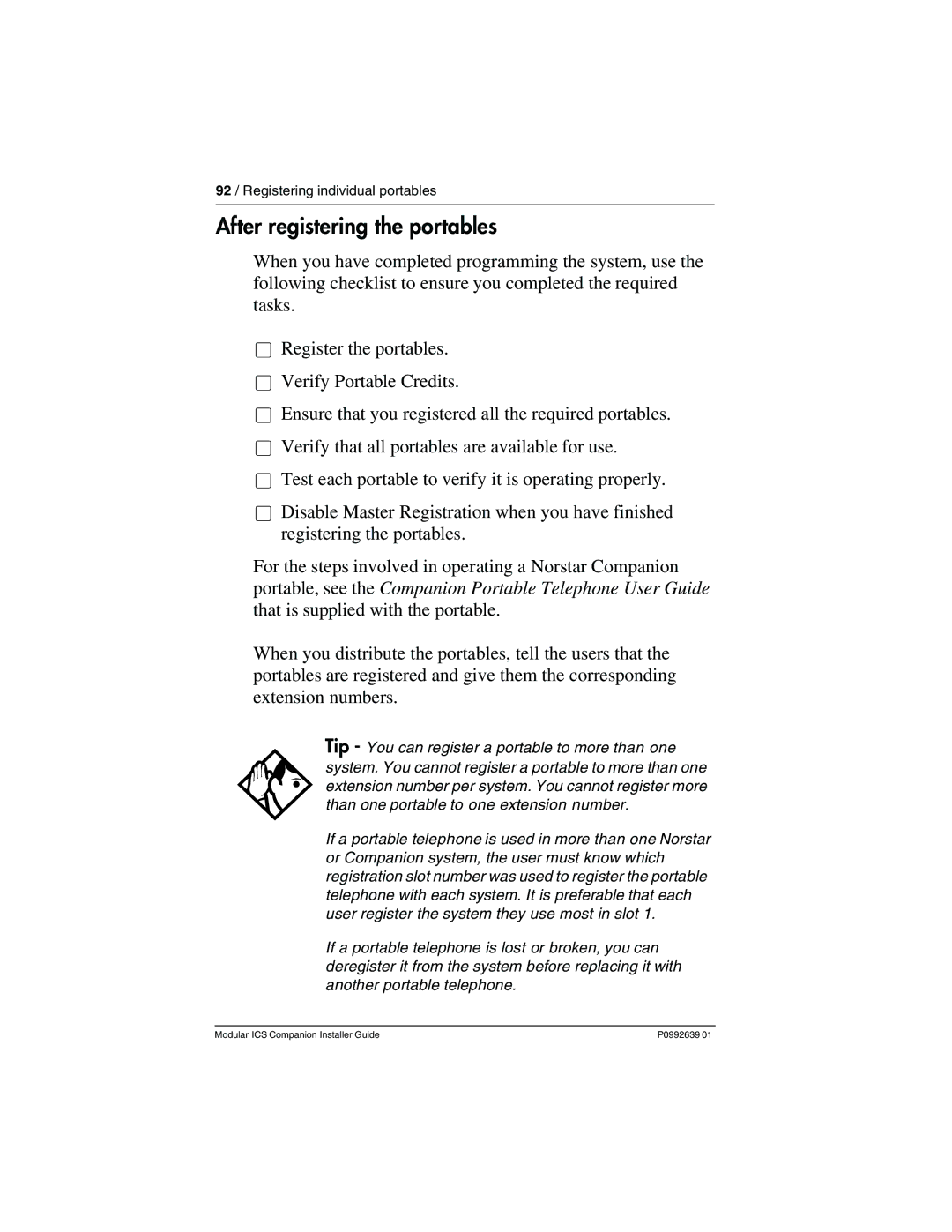 Nortel Networks P0992639 01 manual After registering the portables 