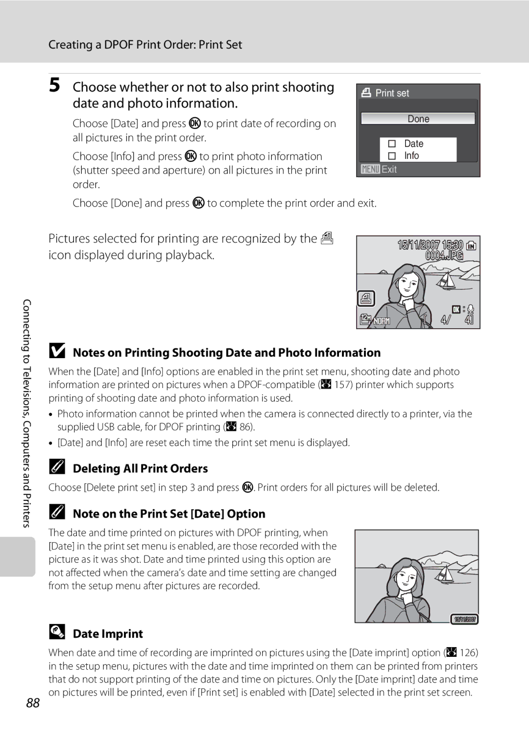 Nortel Networks P5100 user manual Creating a Dpof Print Order Print Set, Deleting All Print Orders, Date Imprint 