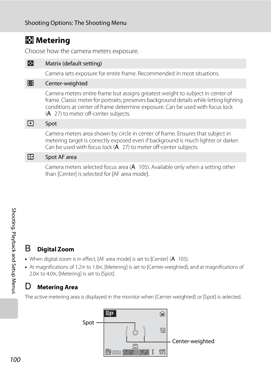 Nortel Networks P5100 user manual Choose how the camera meters exposure, Digital Zoom, Metering Area 