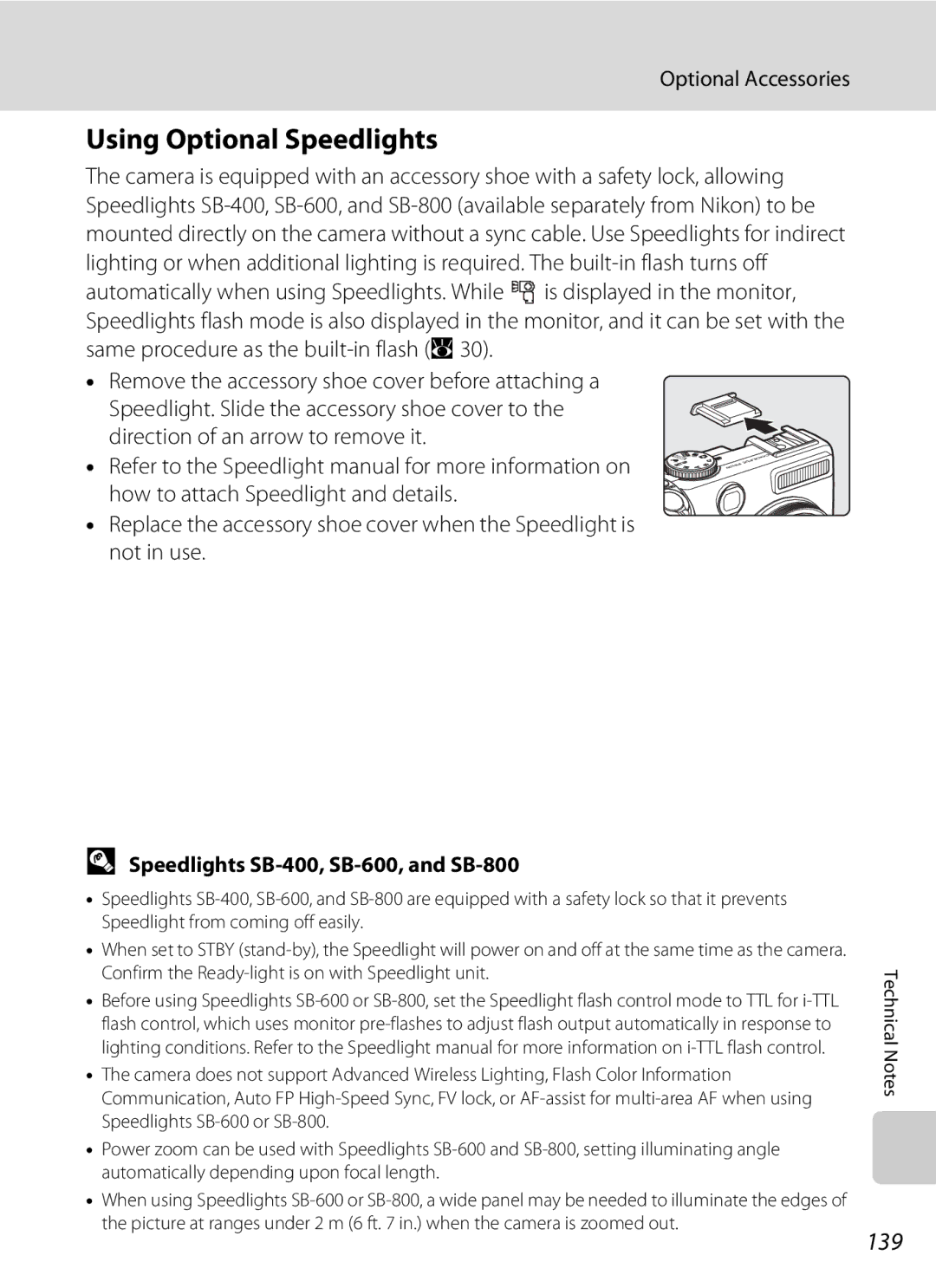 Nortel Networks P5100 user manual Using Optional Speedlights, 139, Speedlights SB-400, SB-600, and SB-800 