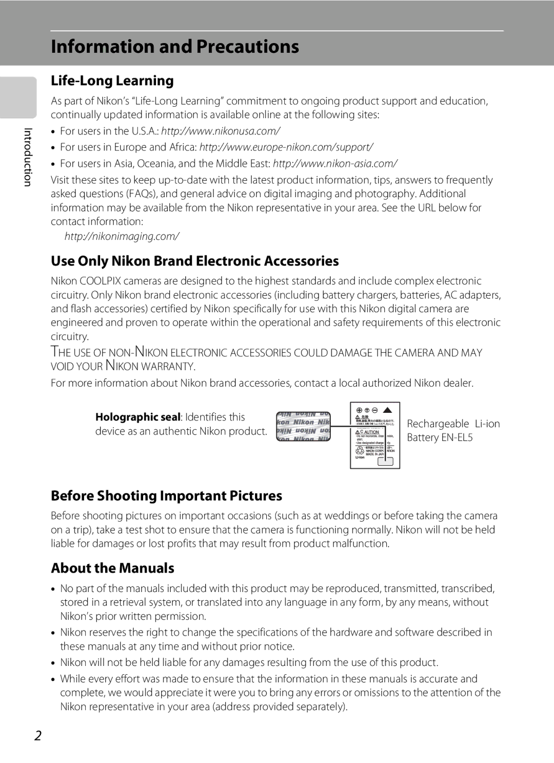 Nortel Networks P5100 Information and Precautions, Life-Long Learning, Use Only Nikon Brand Electronic Accessories 