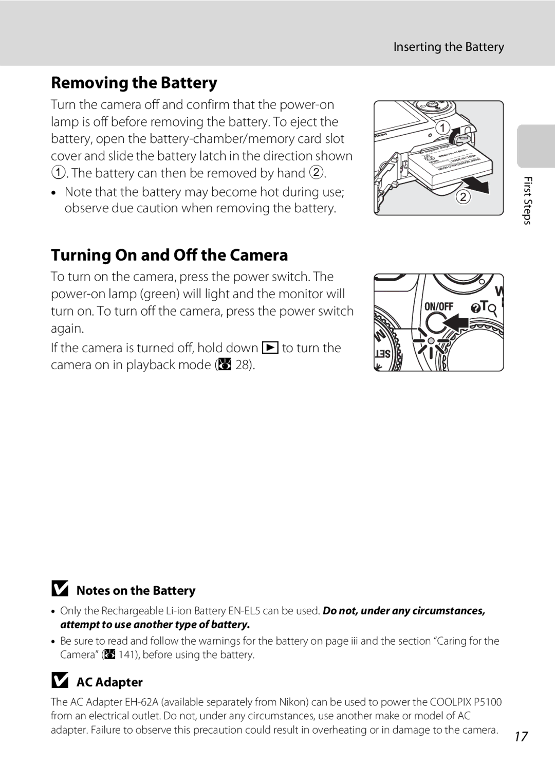 Nortel Networks P5100 user manual Removing the Battery, Turning On and Off the Camera, Inserting the Battery, AC Adapter 