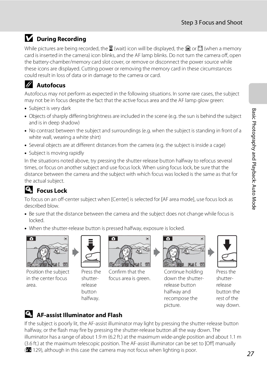 Nortel Networks P5100 user manual Focus and Shoot, During Recording, Autofocus, Focus Lock, AF-assist Illuminator and Flash 