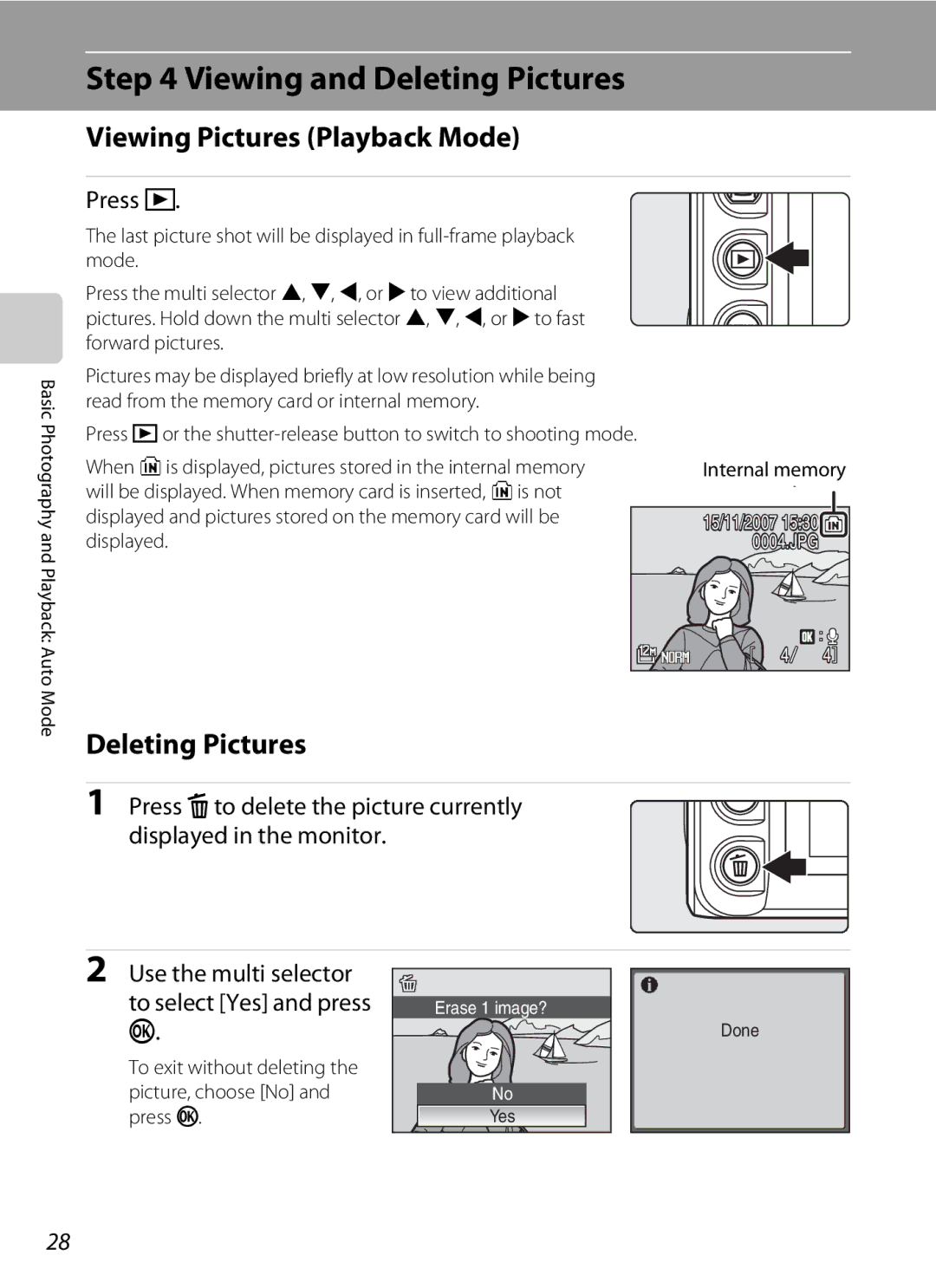 Nortel Networks P5100 user manual Viewing and Deleting Pictures, Viewing Pictures Playback Mode, Press c 