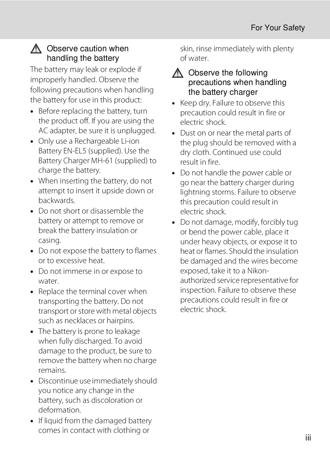 Nortel Networks P5100 user manual Iii, For Your Safety, Skin, rinse immediately with plenty of water 