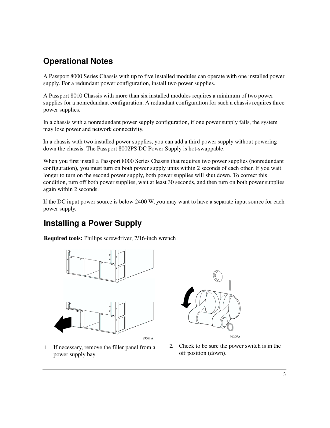 Nortel Networks Passport 8002PS manual Operational Notes, Installing a Power Supply 