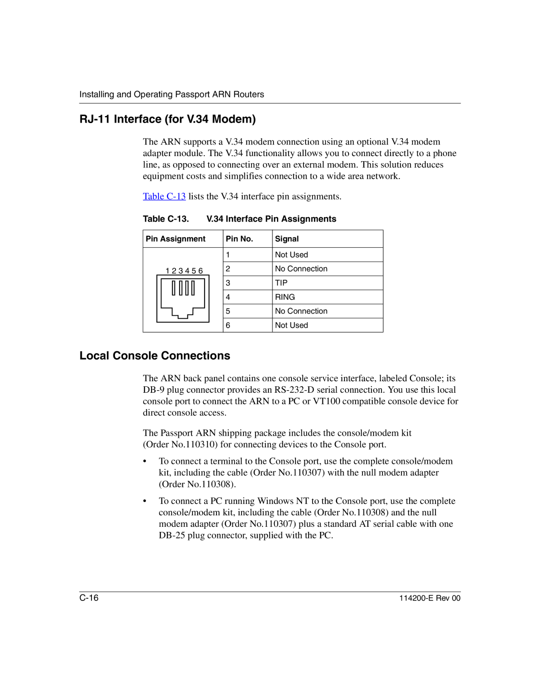 Nortel Networks Passport ARN Routers manual RJ-11 Interface for V.34 Modem, Local Console Connections 