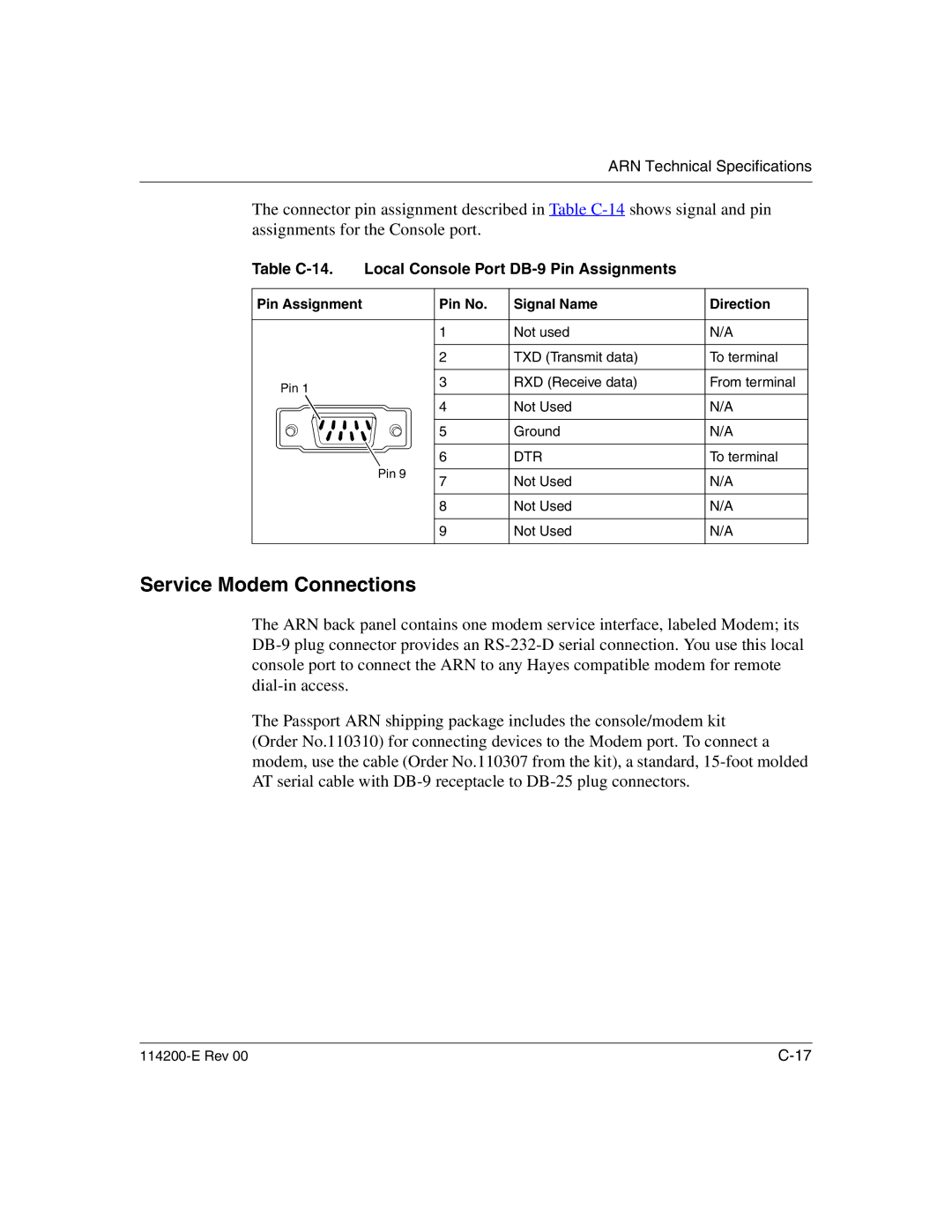 Nortel Networks Passport ARN Routers manual Service Modem Connections, Table C-14. Local Console Port DB-9 Pin Assignments 