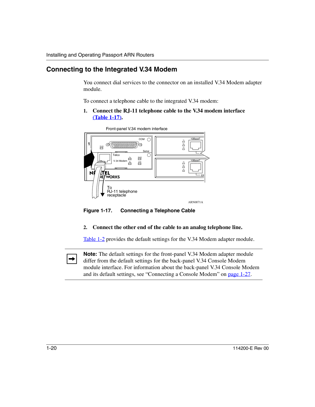 Nortel Networks Passport ARN Routers manual Connecting to the Integrated V.34 Modem, Connecting a Telephone Cable 