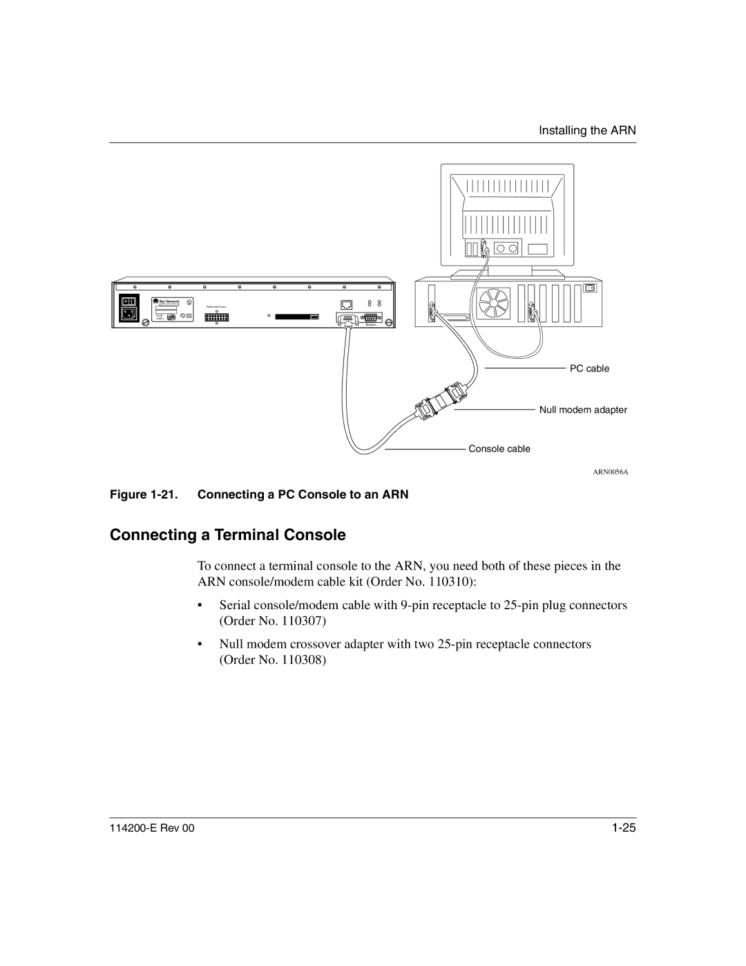 Nortel Networks Passport ARN Routers manual Connecting a Terminal Console, Connecting a PC Console to an ARN 