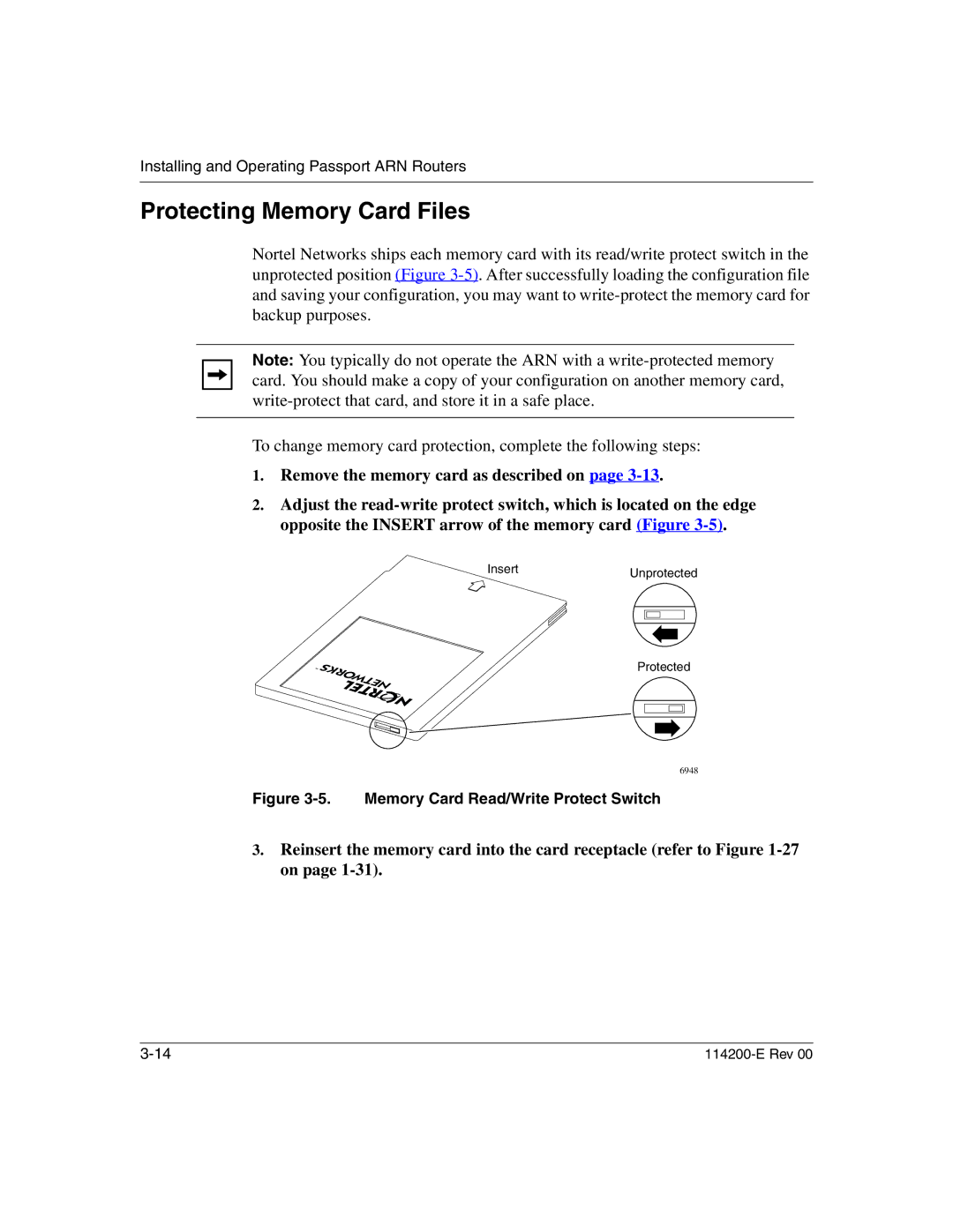 Nortel Networks Passport ARN Routers manual Protecting Memory Card Files, Memory Card Read/Write Protect Switch 