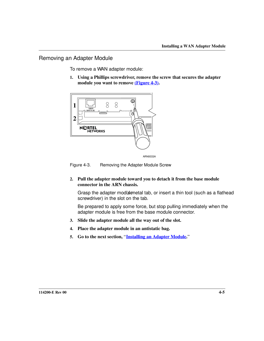 Nortel Networks Passport ARN Routers manual Removing an Adapter Module, To remove a WAN adapter module 