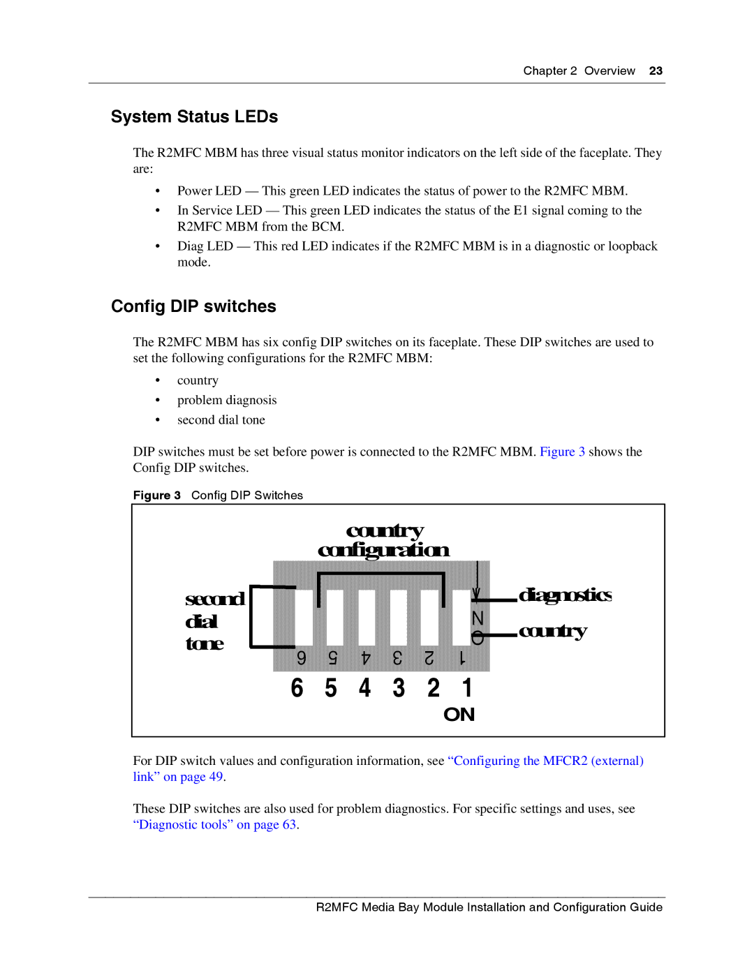 Nortel Networks R2MFC manual System Status LEDs, Config DIP switches 