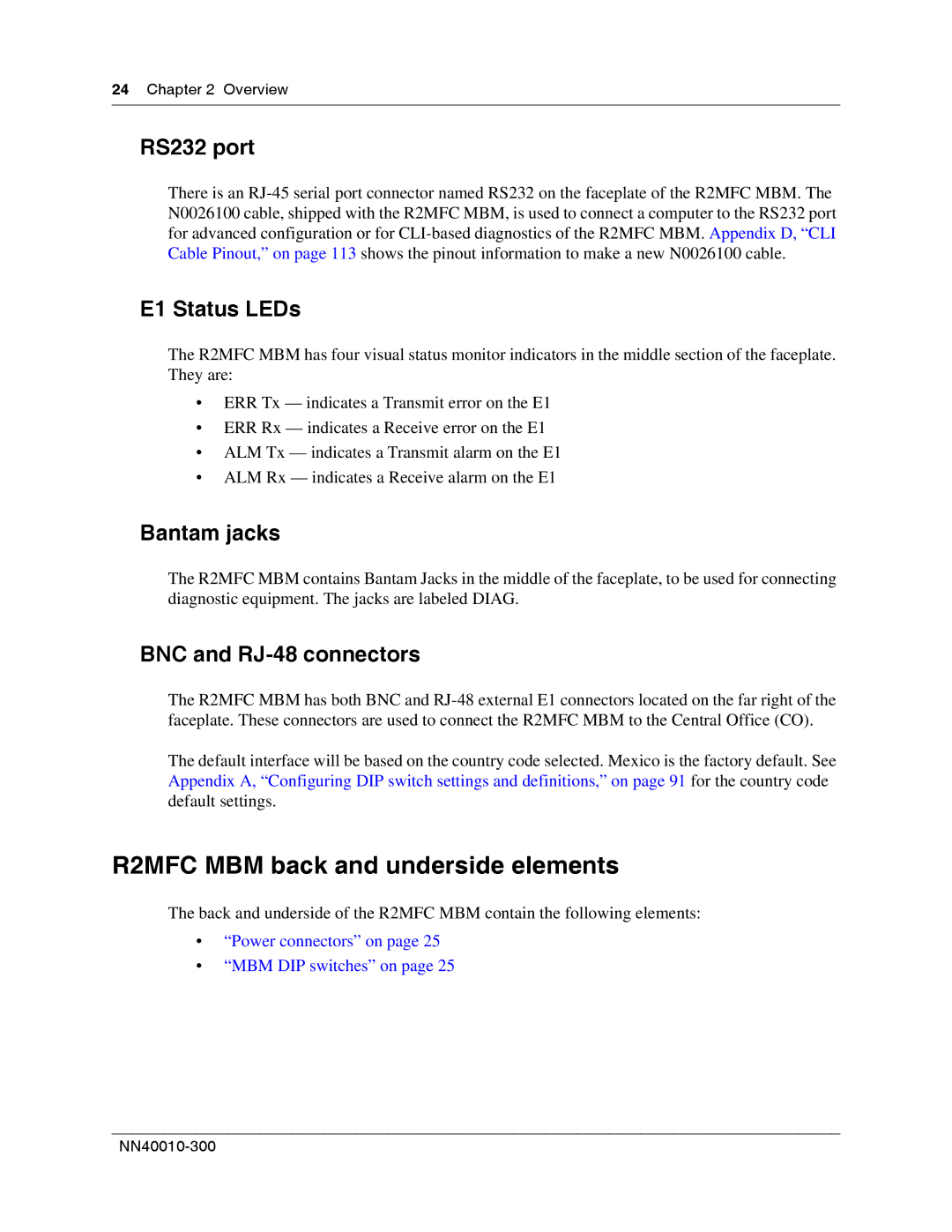 Nortel Networks manual R2MFC MBM back and underside elements, RS232 port, E1 Status LEDs, Bantam jacks 