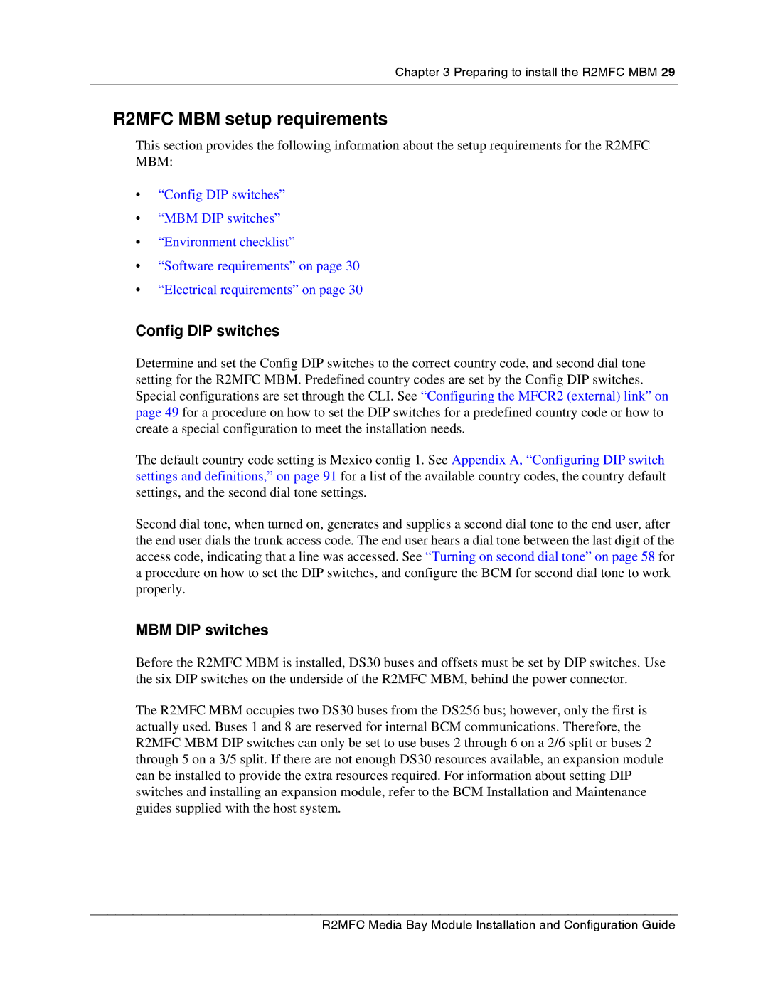 Nortel Networks manual R2MFC MBM setup requirements, Config DIP switches 