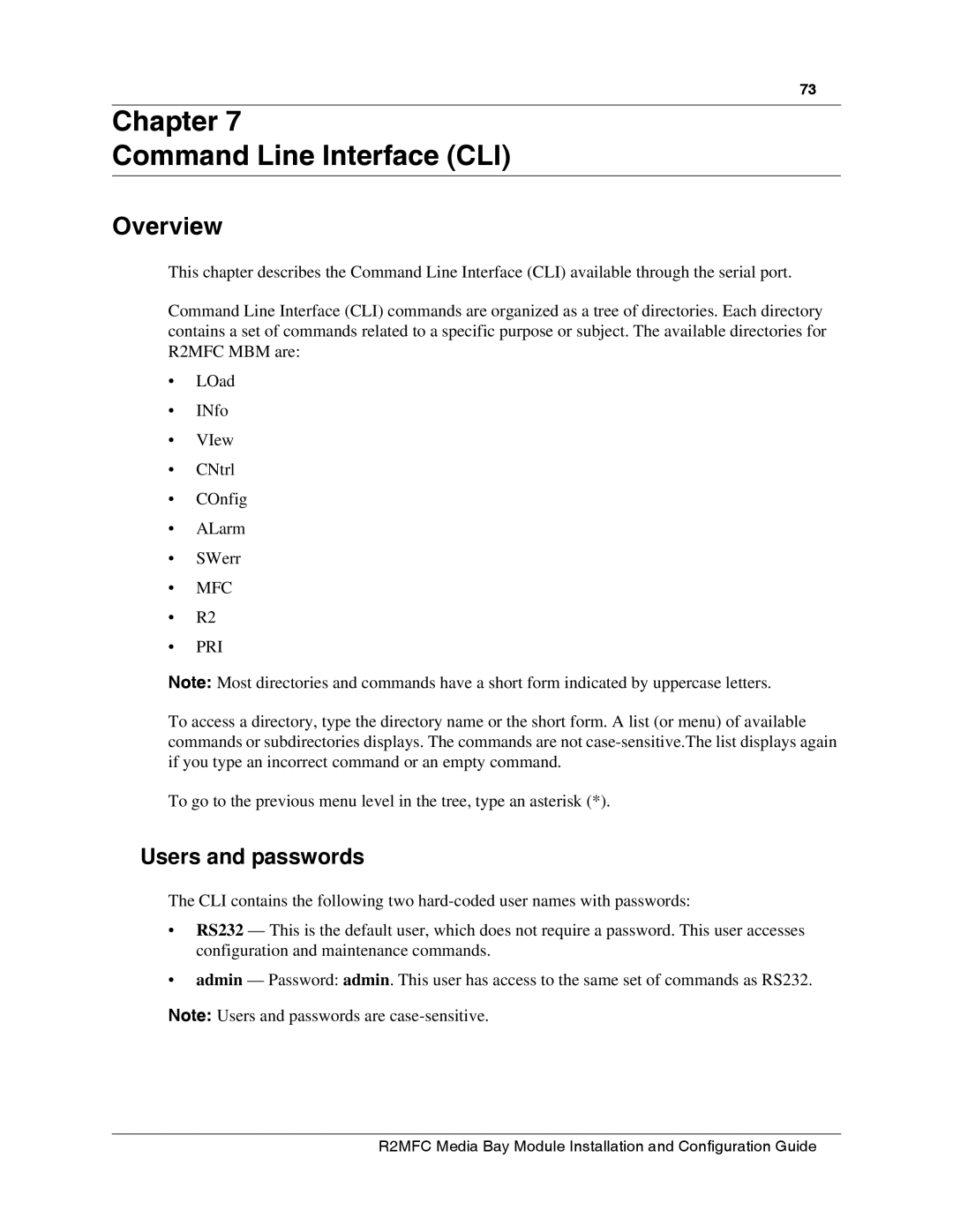 Nortel Networks R2MFC manual Chapter Command Line Interface CLI, Overview, Users and passwords 