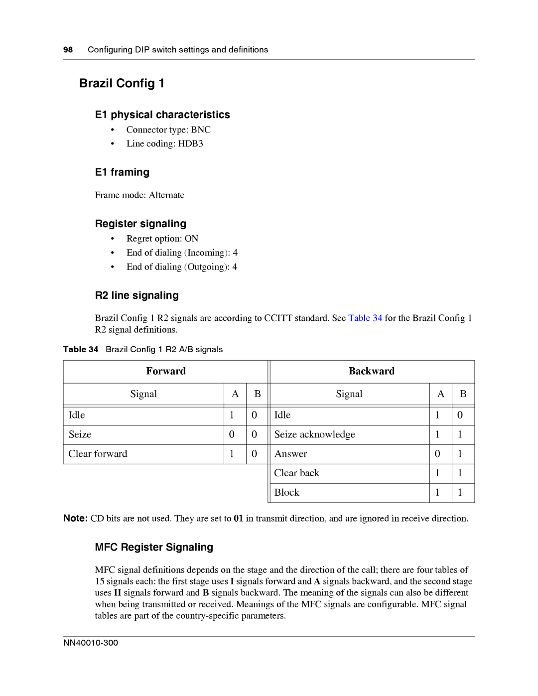 Nortel Networks R2MFC manual Brazil Config 1 R2 A/B signals 