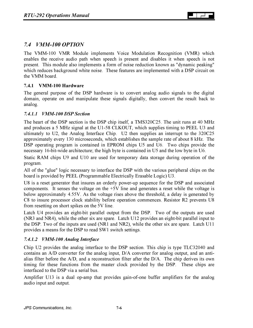 Nortel Networks RTU-292 operation manual VMM-100 Hardware, VMM-100 DSP Section, VMM-100 Analog Interface 