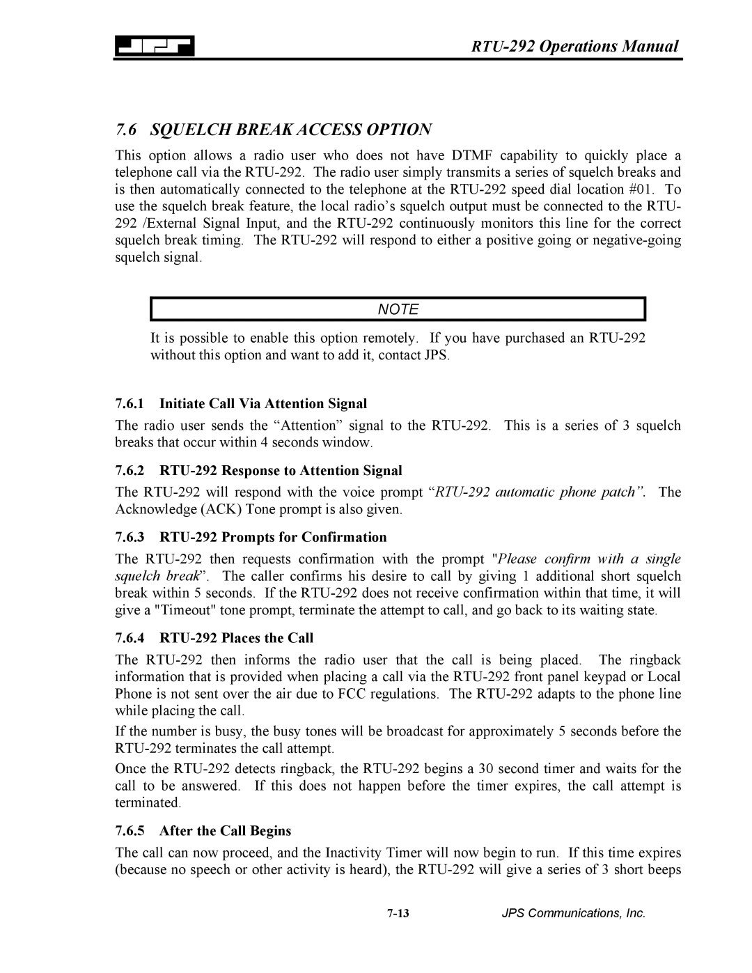 Nortel Networks operation manual Squelch Break Access Option, RTU-292 Prompts for Confirmation 