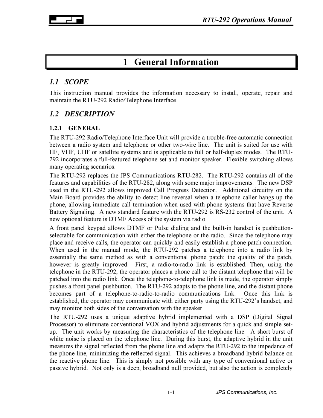 Nortel Networks RTU-292 operation manual Scope Description, General 