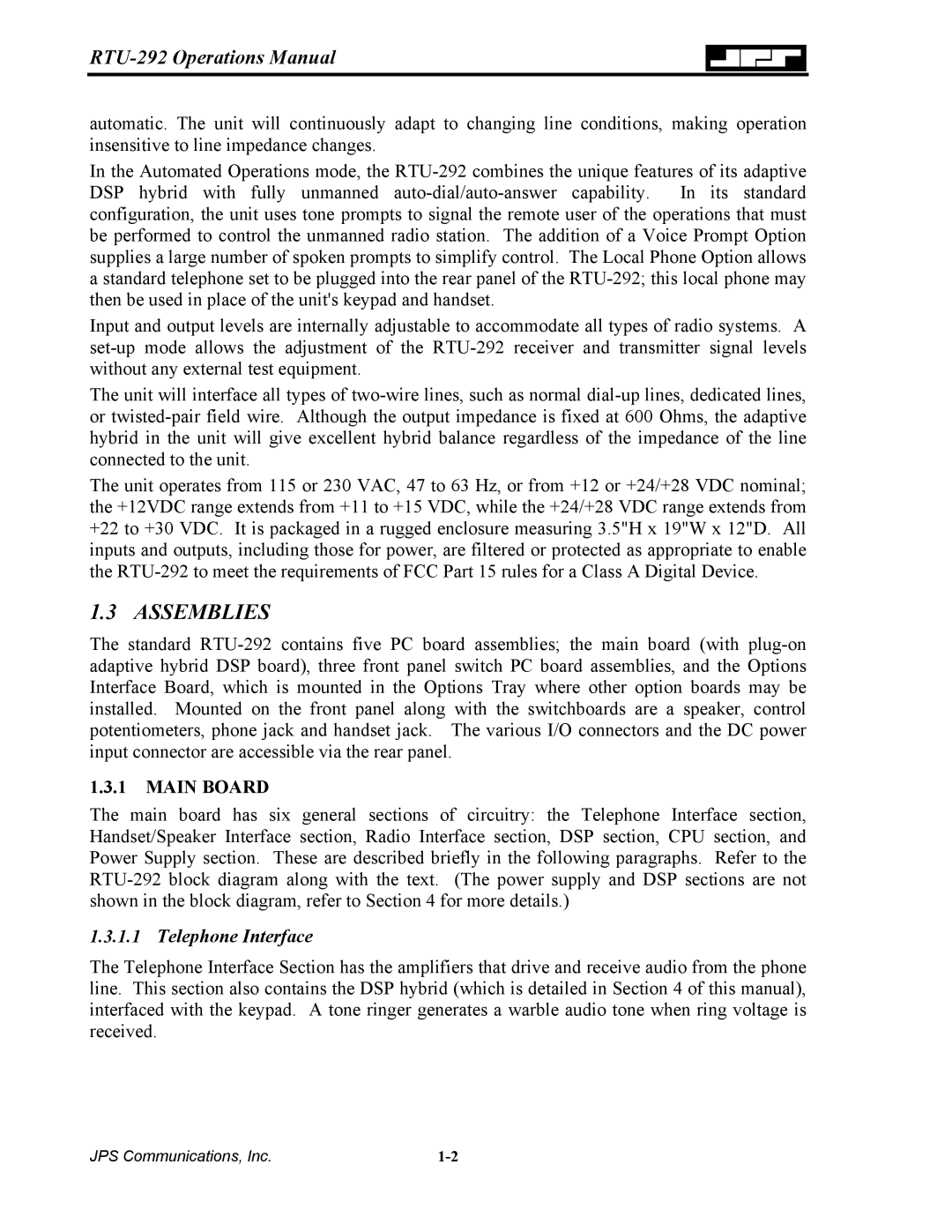 Nortel Networks RTU-292 operation manual Assemblies, Main Board, Telephone Interface 