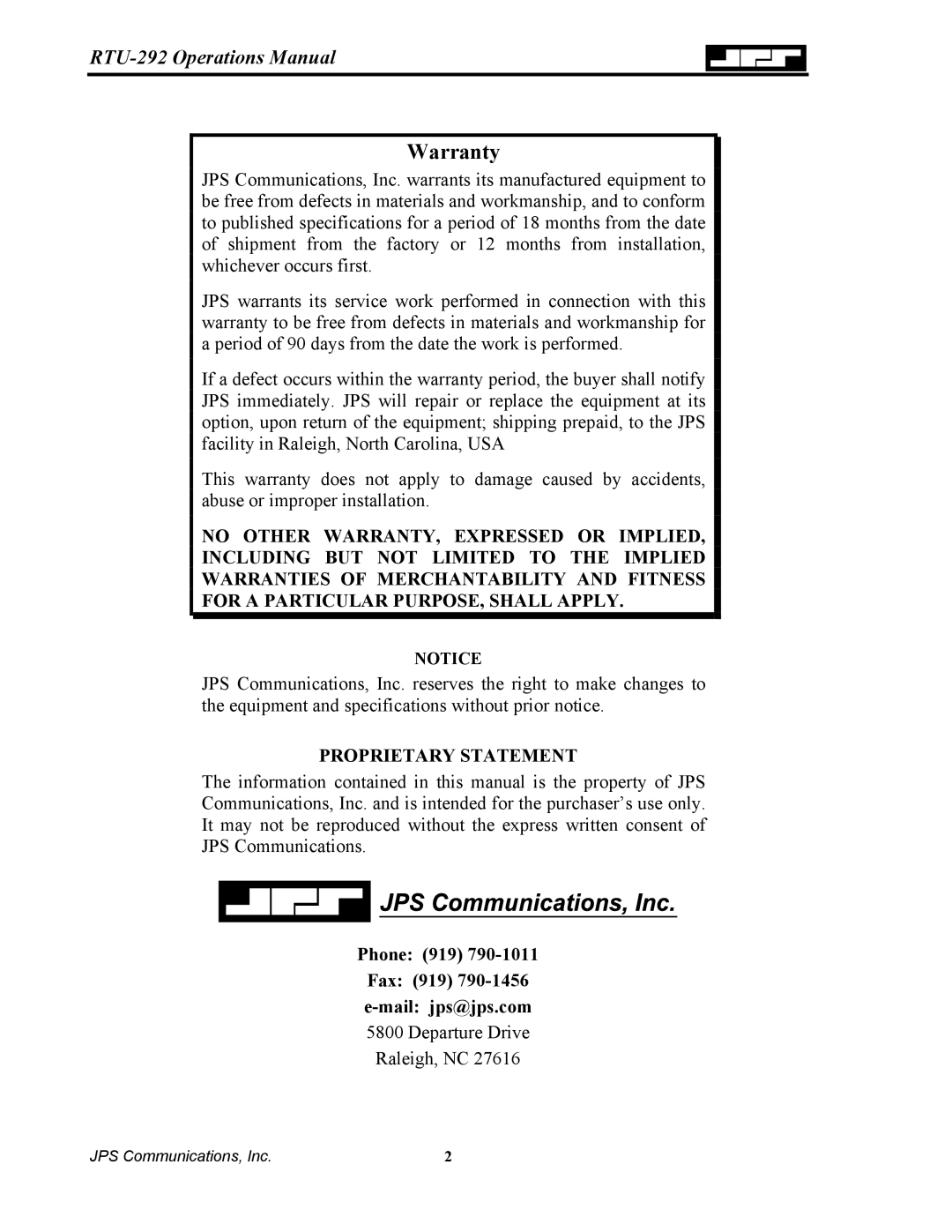 Nortel Networks RTU-292 operation manual Proprietary Statement, Phone 919 Fax 919 