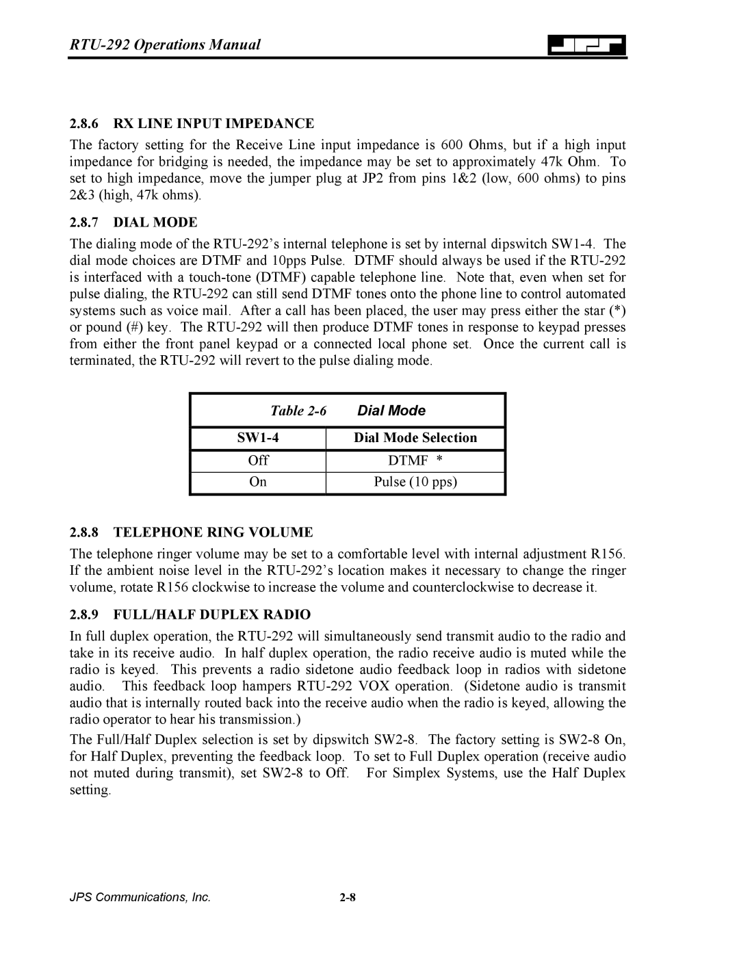 Nortel Networks RTU-292 operation manual RX Line Input Impedance, Dial Mode, Telephone Ring Volume, FULL/HALF Duplex Radio 