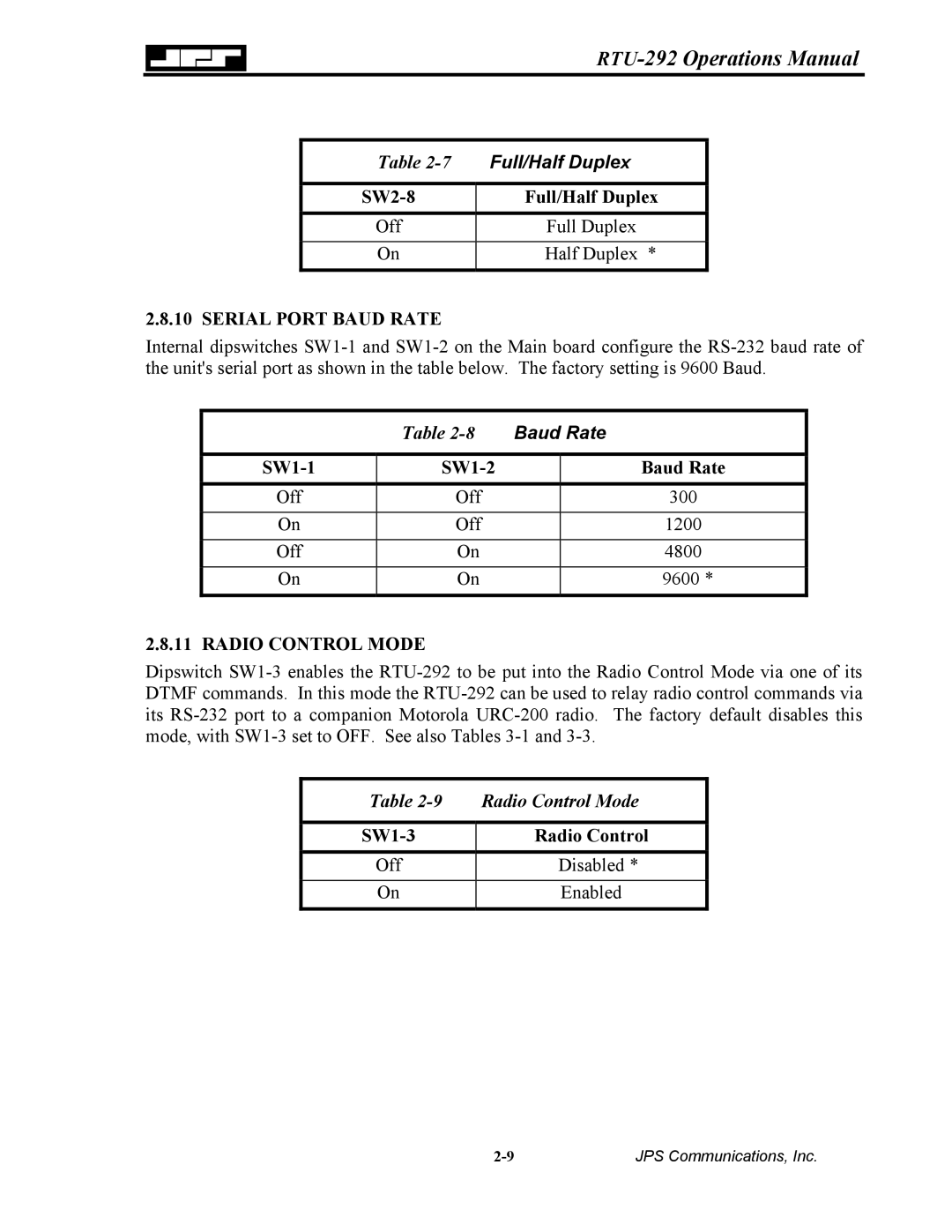 Nortel Networks RTU-292 operation manual SW2-8 Full/Half Duplex Off Full Duplex, Baud Rate, Radio Control Mode 