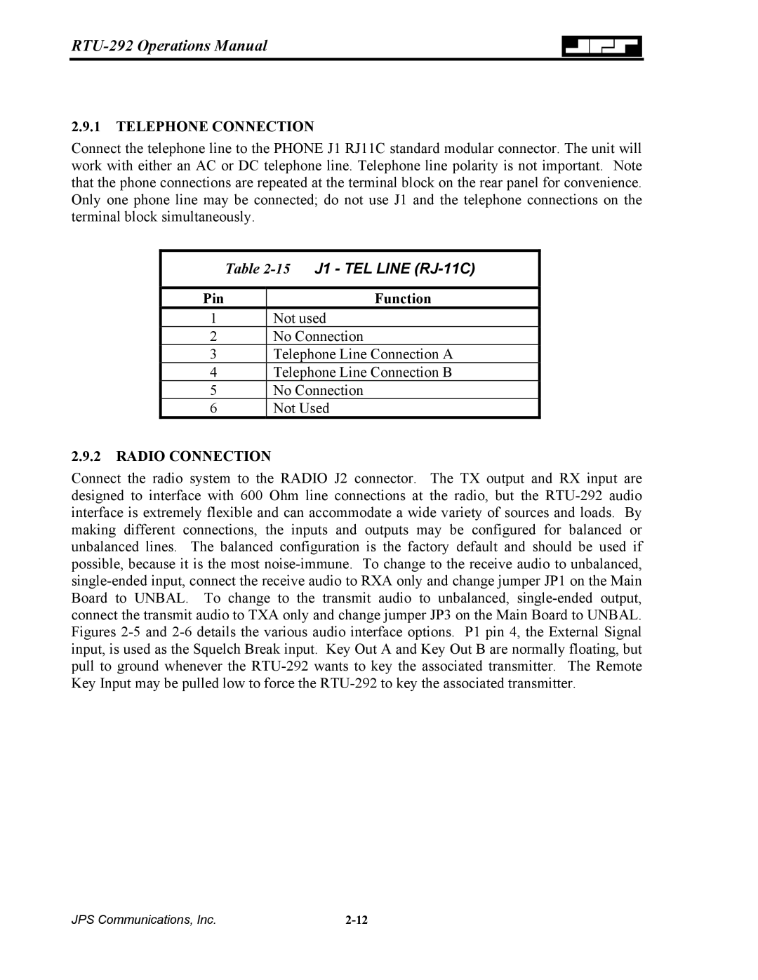 Nortel Networks RTU-292 operation manual Telephone Connection, 15J1 TEL Line RJ-11C, Pin Function, Radio Connection 