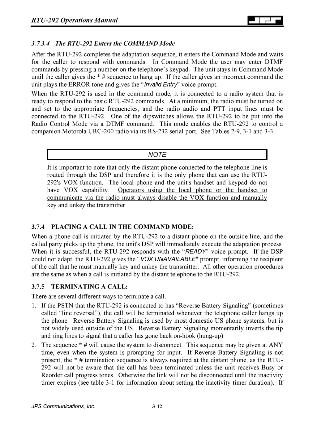 Nortel Networks operation manual RTU-292 Enters the Command Mode, Placing a Call in the Command Mode, Terminating a Call 