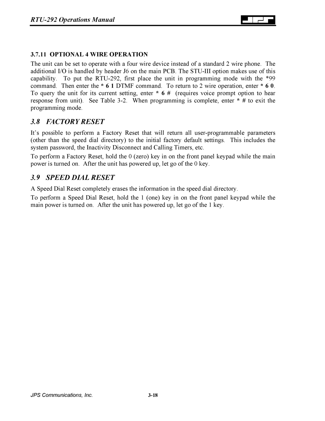 Nortel Networks RTU-292 operation manual Factory Reset, Speed Dial Reset, Optional 4 Wire Operation 