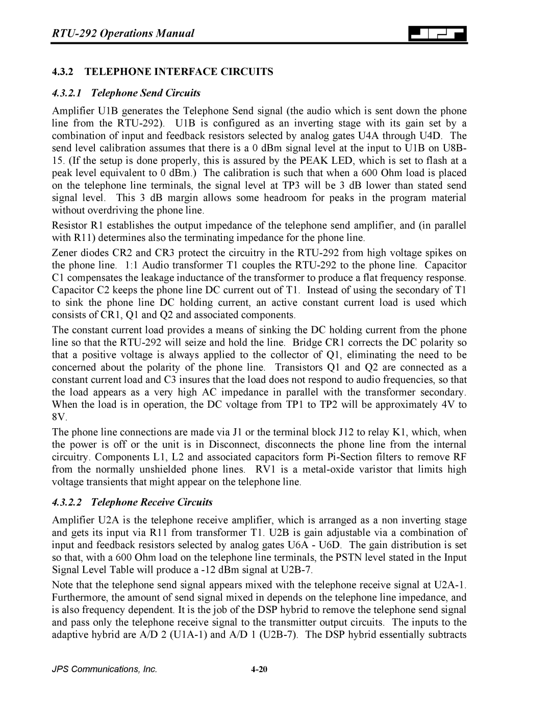 Nortel Networks RTU-292 operation manual Telephone Interface Circuits, Telephone Send Circuits, Telephone Receive Circuits 