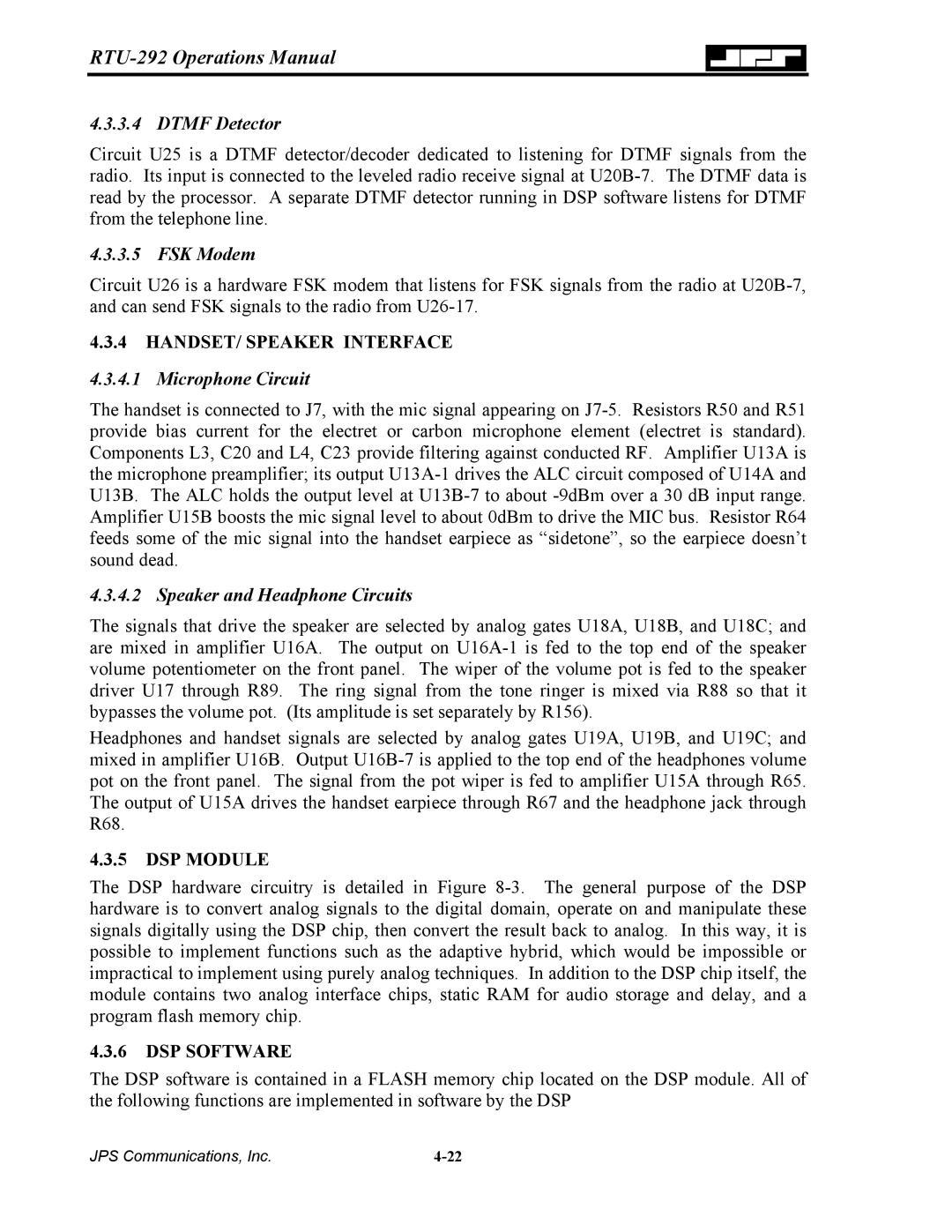 Nortel Networks RTU-292 operation manual Dtmf Detector, FSK Modem, Microphone Circuit, Speaker and Headphone Circuits 