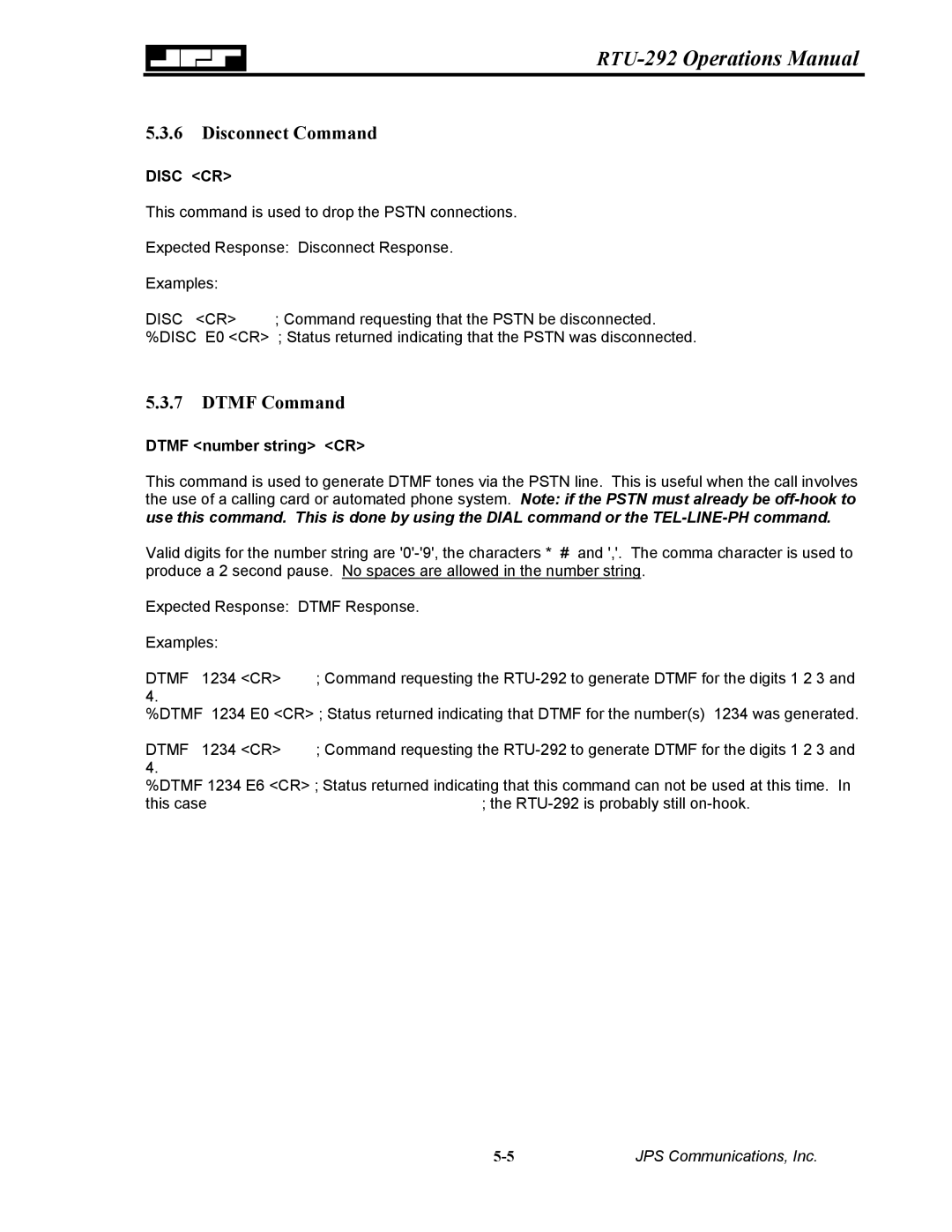 Nortel Networks RTU-292 operation manual Disconnect Command, Dtmf Command 