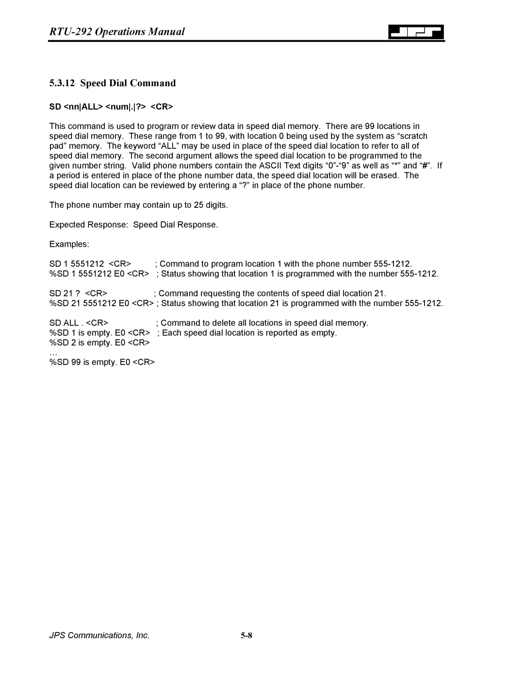 Nortel Networks RTU-292 operation manual Speed Dial Command, SD nnALL num.? CR 