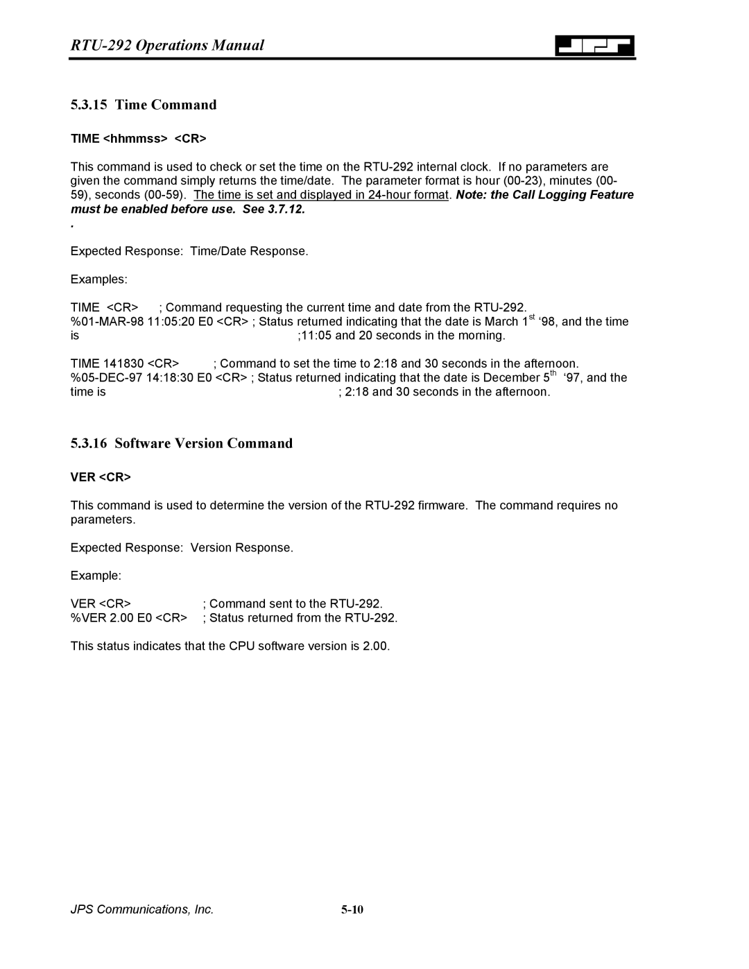 Nortel Networks RTU-292 operation manual Time Command, Software Version Command 